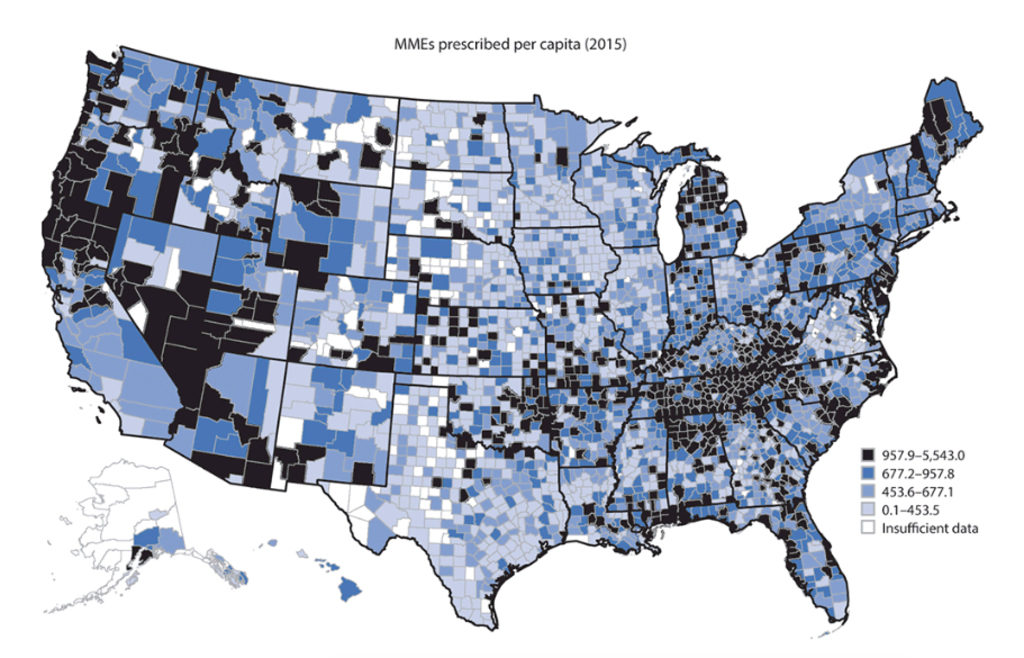 This CDC map shows which areas have the highest rate of opioid painkiller prescriptions