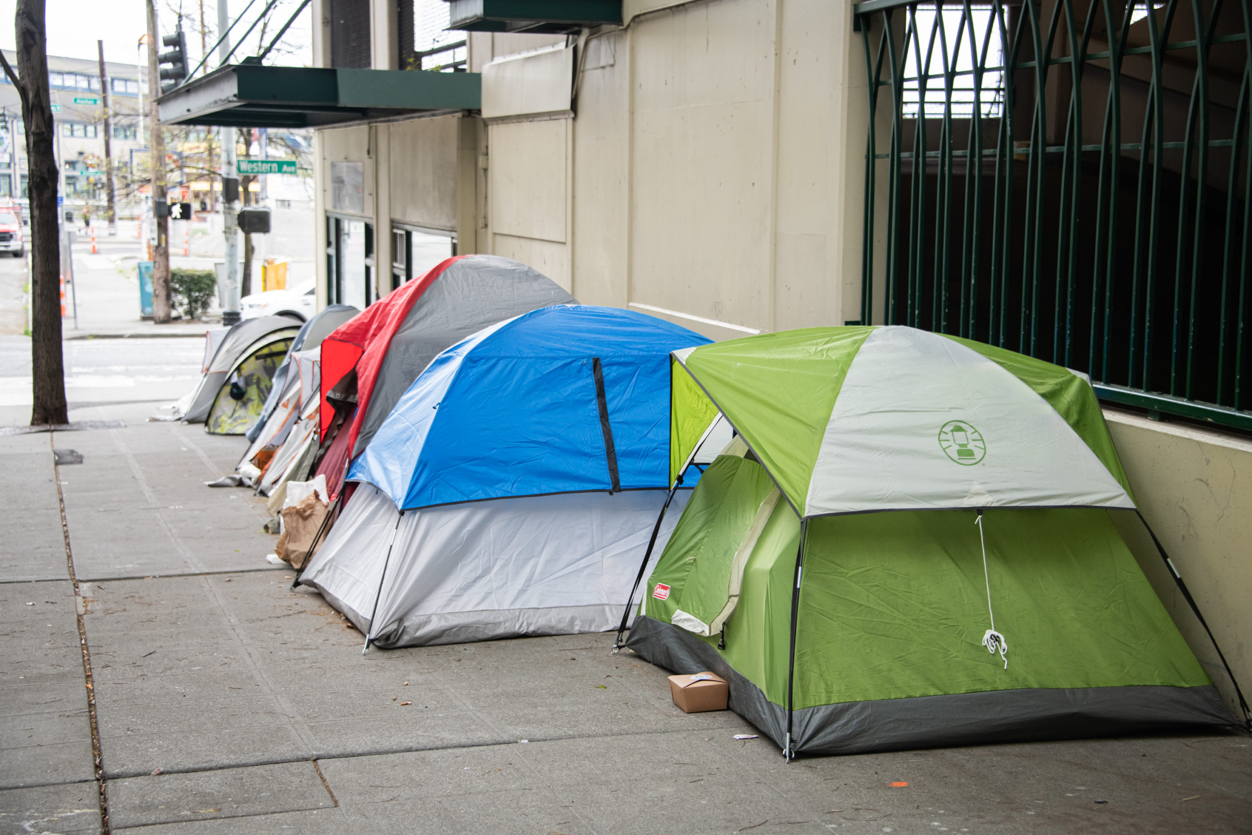 Tents on Western Ave in downtown Seattle