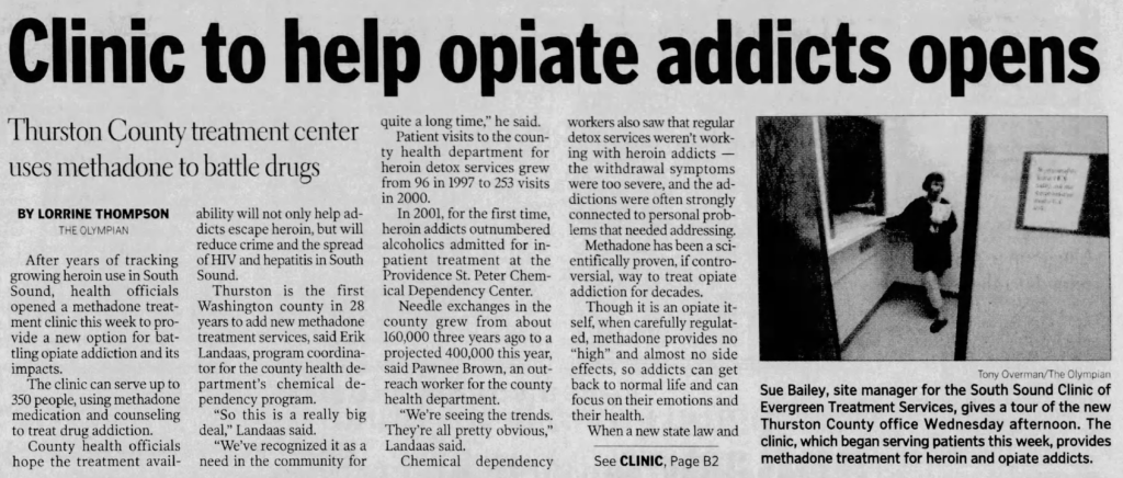 Newspaper clipping titled, "clinic to help opiate addicts opens."